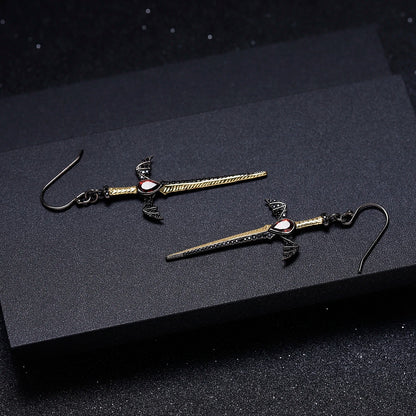 Gothic Bat Wing Sword Drop Earrings | Natural Garnet | Luxury Gold Palace