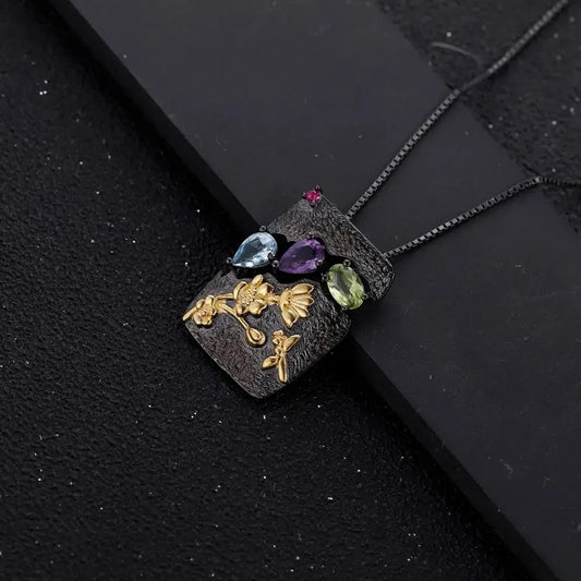 Secret Garden Multi-Gemstone Pendant | Amethyst, Peridot & Topaz | 925 Silver
