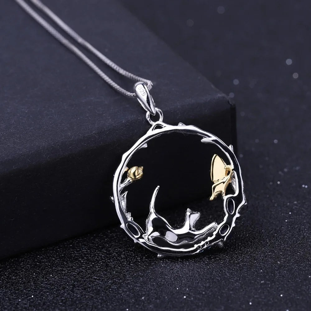 Handmade Cat & Butterfly Garden Pendant | Blue Sapphire | 925 Silver