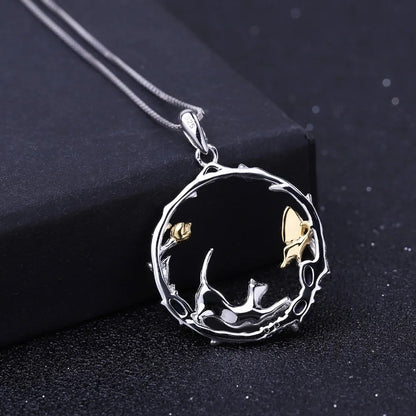 Handmade Cat & Butterfly Garden Pendant | Blue Sapphire | 925 Silver