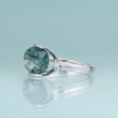 Natural Moss Agate Oval Ring | 2.91Ct Minimalist 925 Sterling Silver