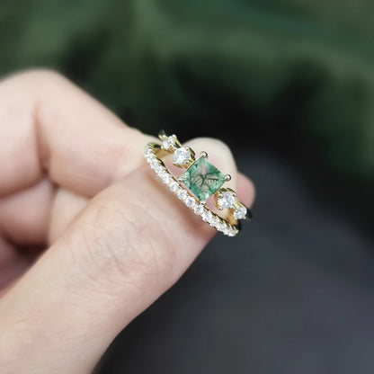 Vintage Moss Agate Bridal Ring Set | Square Art Deco | 14k Gold Over Silver