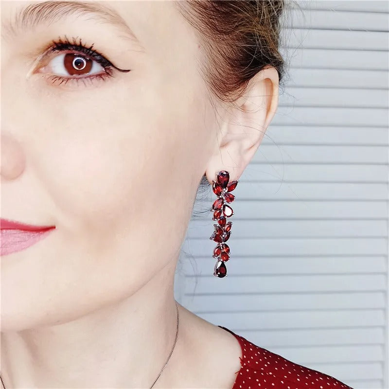20.35Ct Natural Red Garnet Cascading Leaf Earrings | 925 Sterling Silver