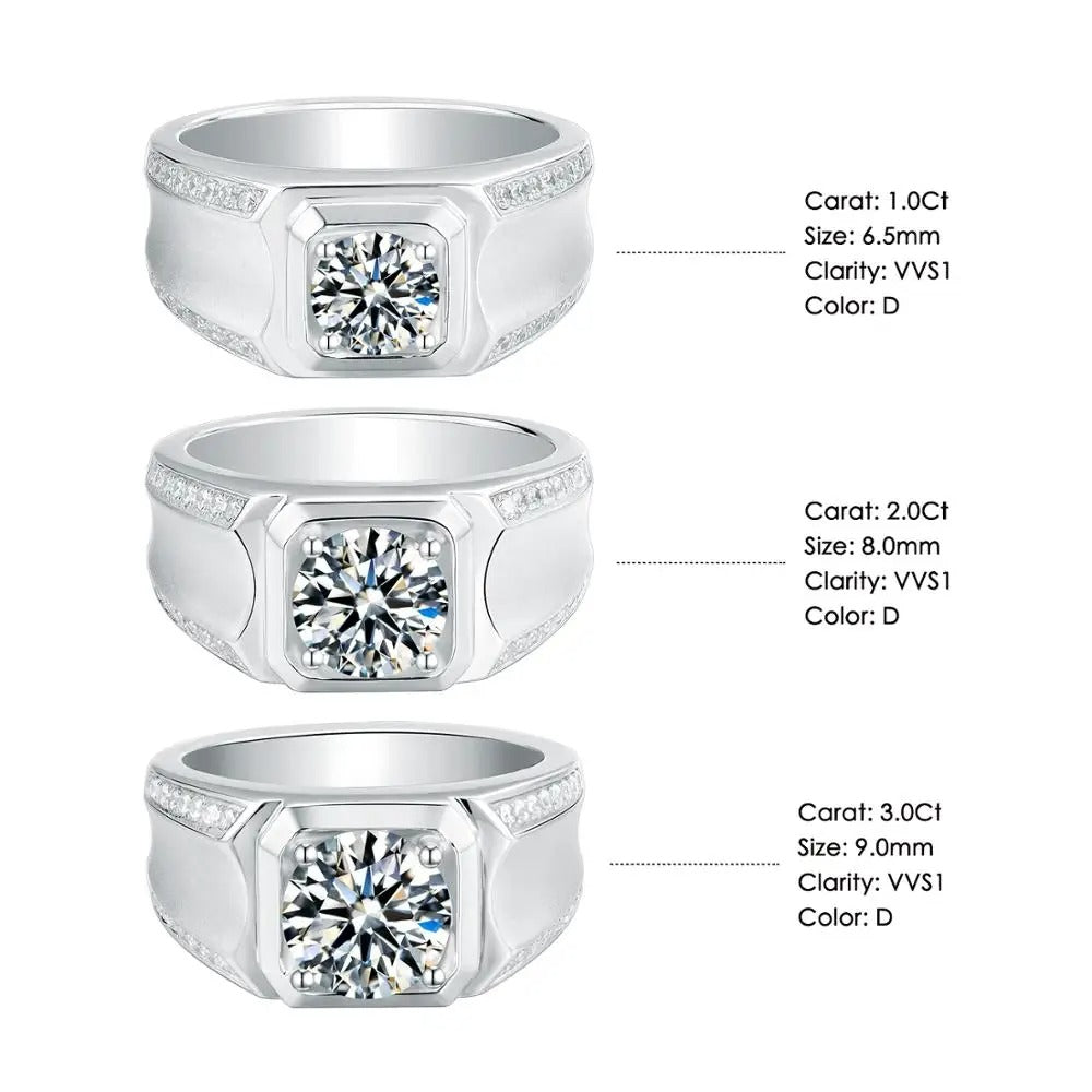 Men's D Color Moissanite Ring | 1ct, 2ct, 3ct Options | 925 Silver