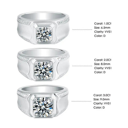 Men's D Color Moissanite Ring | 1ct, 2ct, 3ct Options | 925 Silver