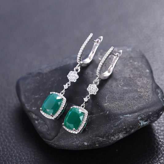 Natural Green Agate Drop Earrings | 7.34Ct Cushion Cut | 925 Silver