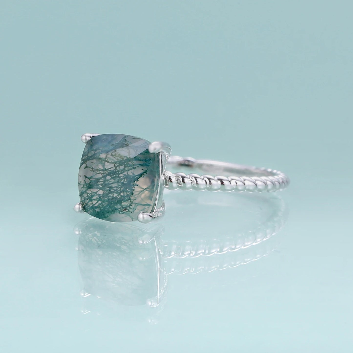 2.25Ct Cushion Moss Agate Solitaire Ring | Twisted Rope Band | 925 Silver