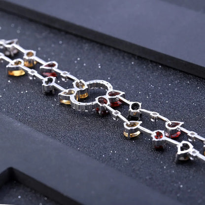 Multicolor Natural Gemstone Link Bracelet | Garnet, Citrine, Smoky Quartz | 925 Silver