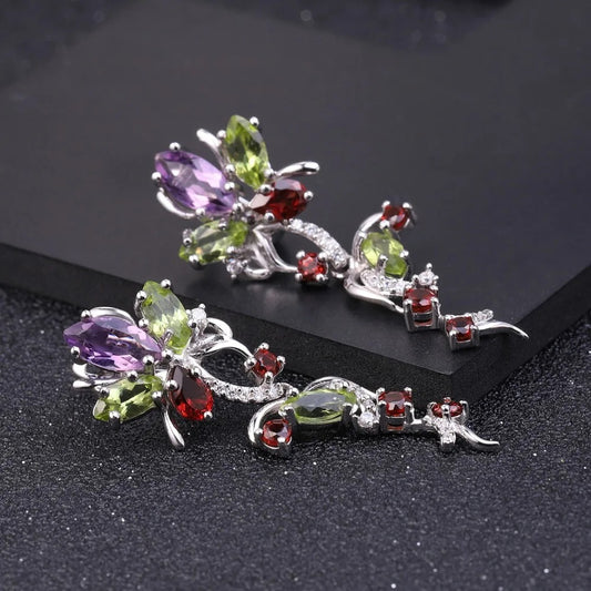 Multi-Gemstone Floral Vine Drop Earrings | Amethyst, Peridot & Garnet | 925 Silver
