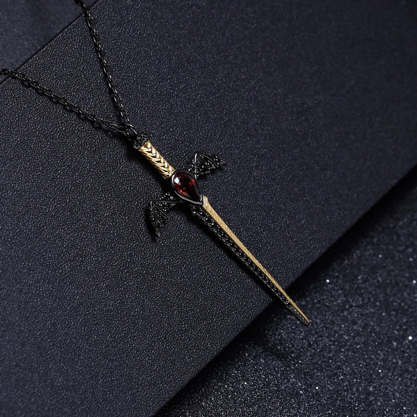 Gothic Bat Wing Sword Pendant with Natural Garnet | 925 Silver | Luxury Gold Palace