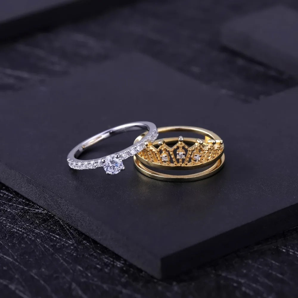 Two-Tone Princess Crown Engagement Ring | 925 Sterling Silver | Luxury Gold Palace