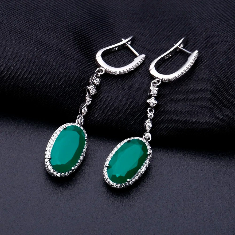 12.5Ct Natural Green Agate Drop Earrings | 925 Silver | Luxury Gold Palace