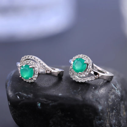 Natural Green Agate Swirl Stud Earrings | 925 Sterling Silver & CZ Halo