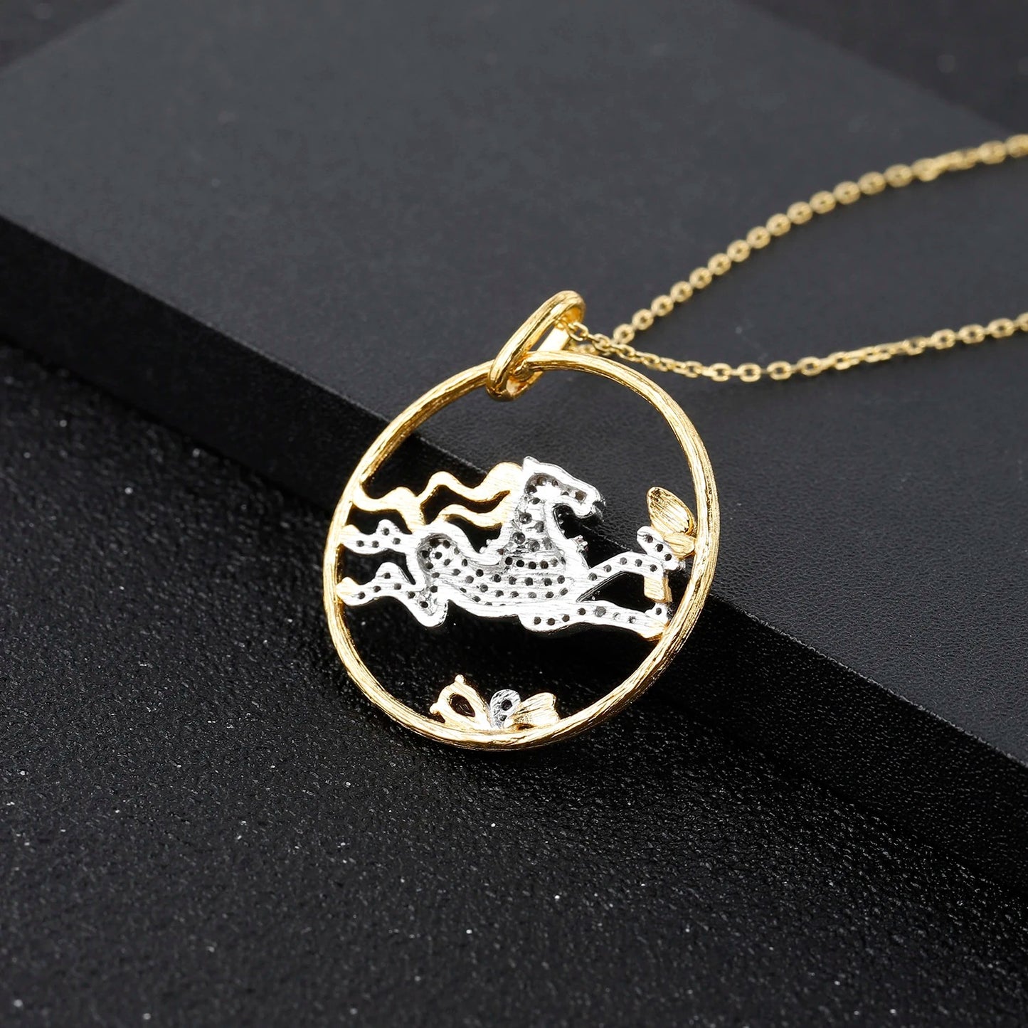 Galloping Horse Amethyst Pendant | Two-Tone 925 Silver | Luxury Gold Palace