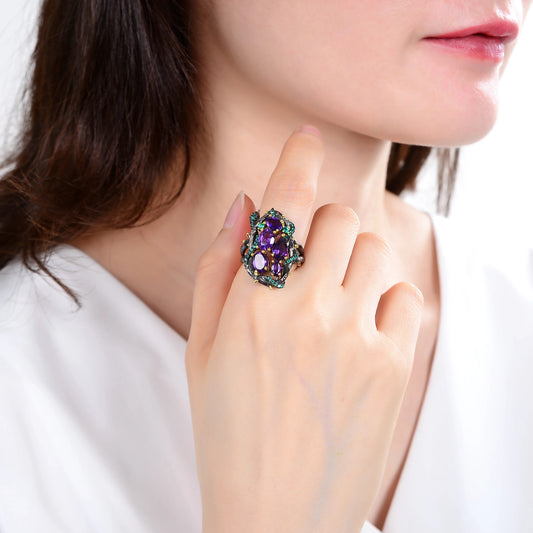 Enchanted Amethyst & Emerald Vine Ring | 3.23Ct 925 Sterling Silver