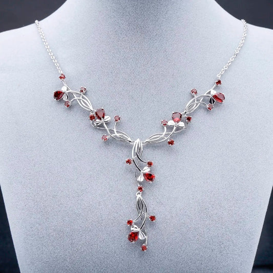 8.08Ct Natural Red Garnet Floral Vine Necklace | 925 Sterling Silver
