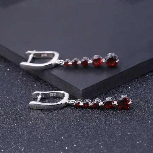 Natural Red Garnet Linear Drop Earrings | 2.67Ct Graduating Cascade | 925 Silver