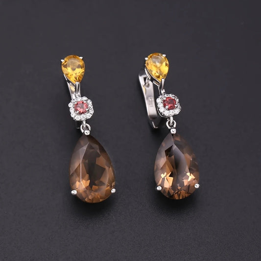 Natural Smoky Quartz, Citrine & Garnet Drop Earrings | 925 Sterling Silver