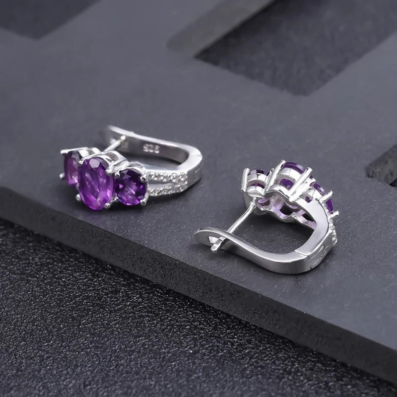 Natural Amethyst Triple-Stone Earrings | 3.37Ct 925 Sterling Silver