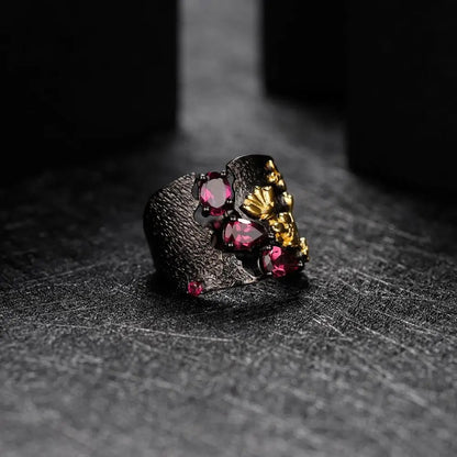 Secret Garden Rhodolite Garnet Ring | Handmade Bee & Flower Band | 925 Silver