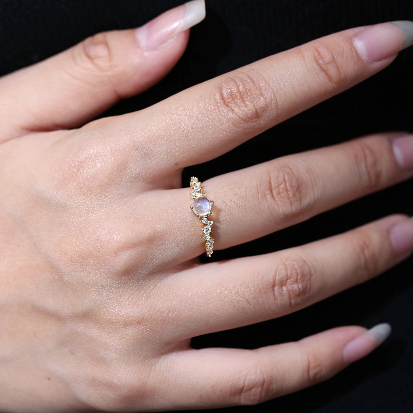 Natural Rainbow Moonstone Gold Ring | June Birthstone Promise Ring | 925 Silver