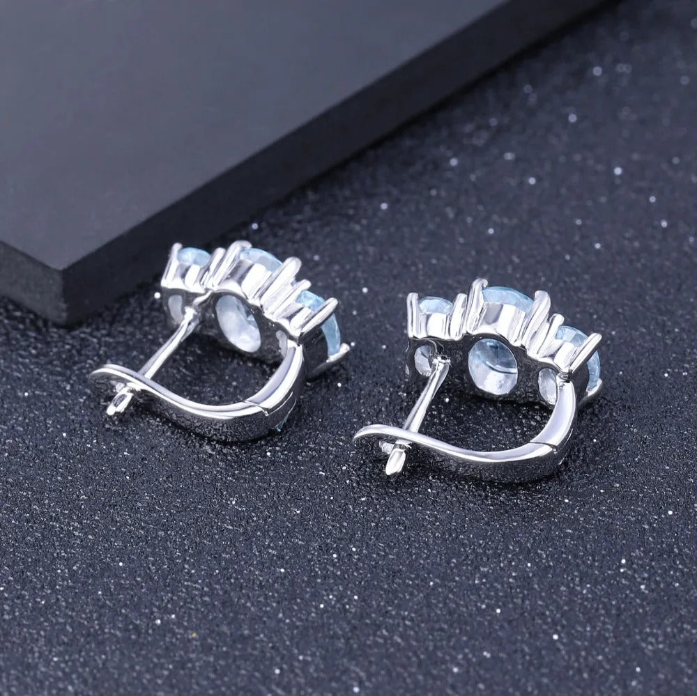 Natural Sky Blue Topaz Three-Stone Earrings | 5.54Ct 925 Sterling Silver