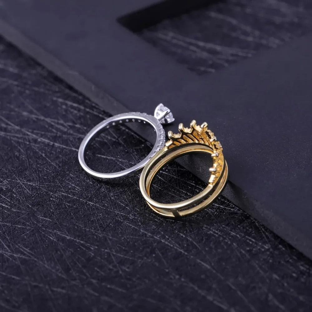 Two-Tone Princess Crown Engagement Ring | 925 Sterling Silver | Luxury Gold Palace