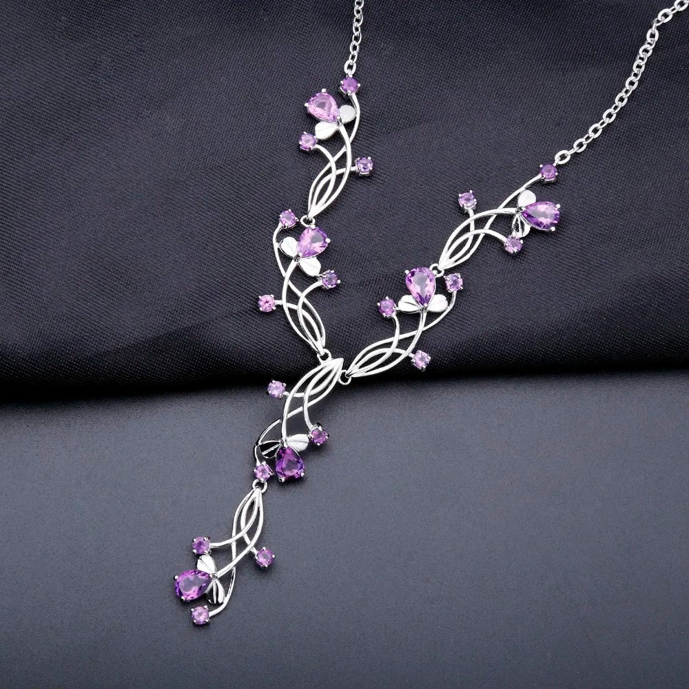 6.39Ct Natural Amethyst Y-Necklace | 925 Silver Floral Vine | Bridal
