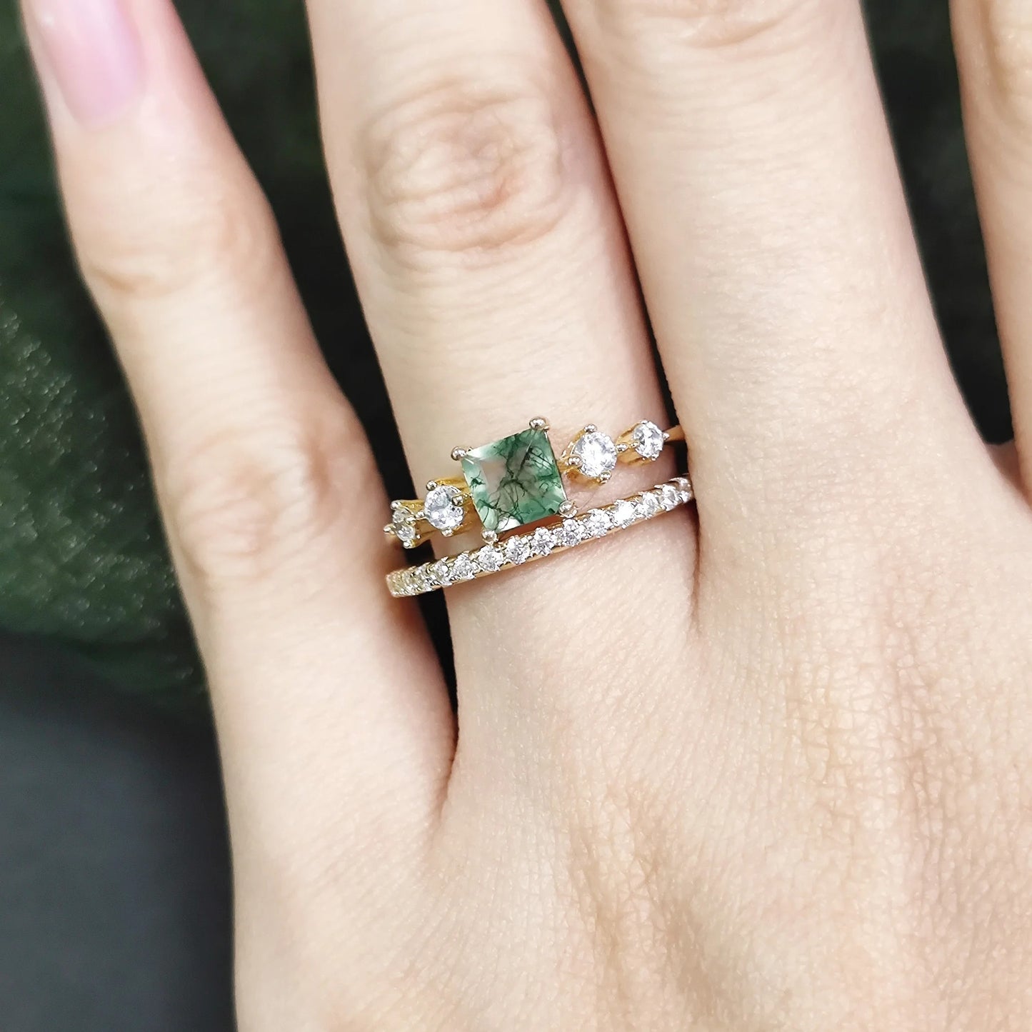 Vintage Moss Agate Bridal Ring Set | Square Art Deco | 14k Gold Over Silver