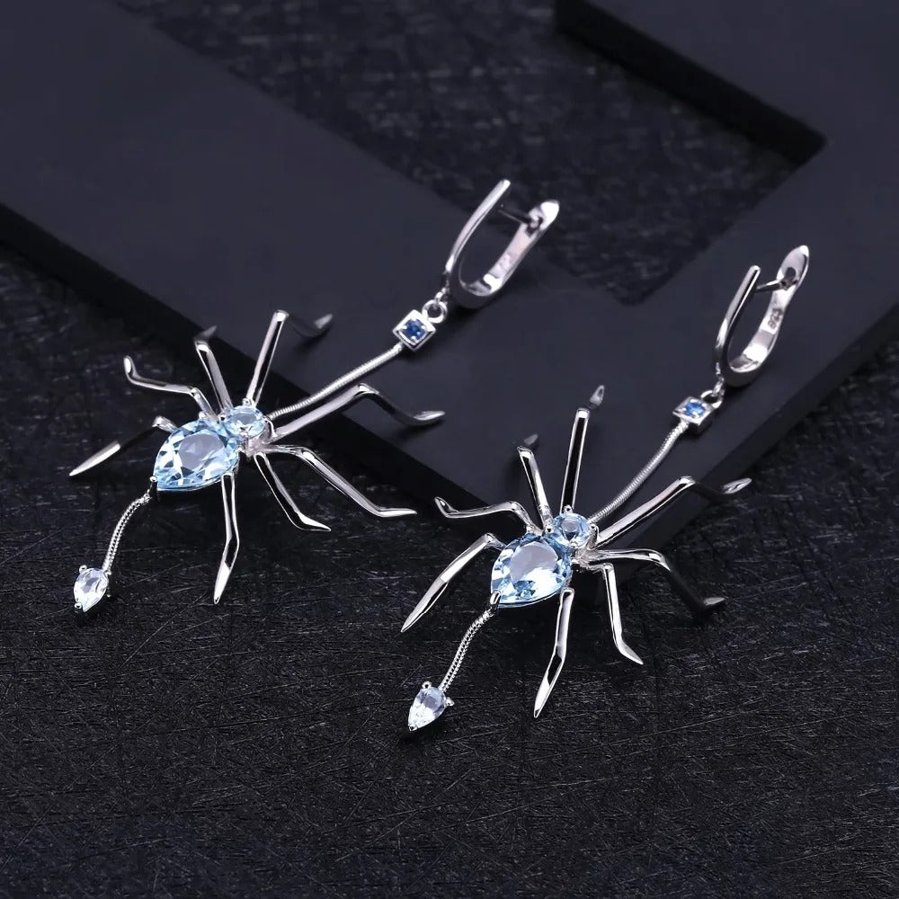 Gothic Spider Drop Earrings | Natural Sky Blue Topaz | 925 Silver