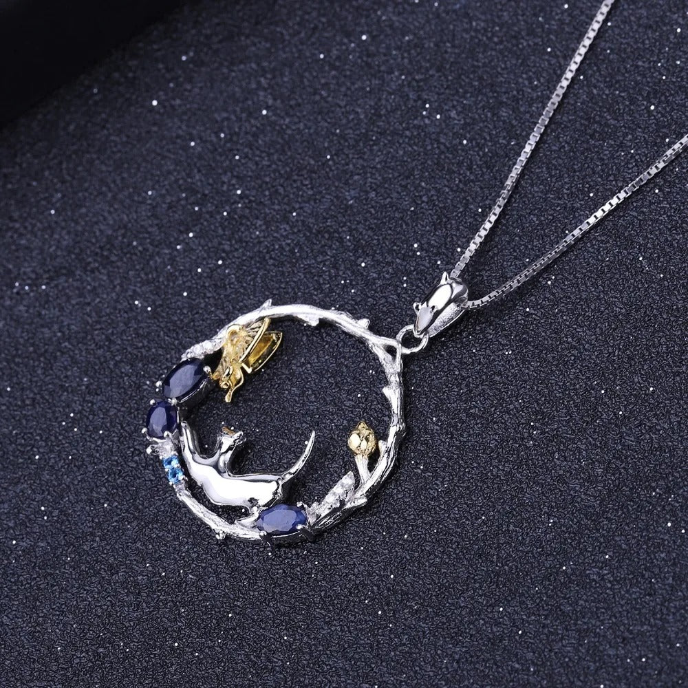 Handmade Cat & Butterfly Garden Pendant | Blue Sapphire | 925 Silver