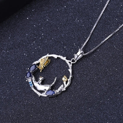 Handmade Cat & Butterfly Garden Pendant | Blue Sapphire | 925 Silver