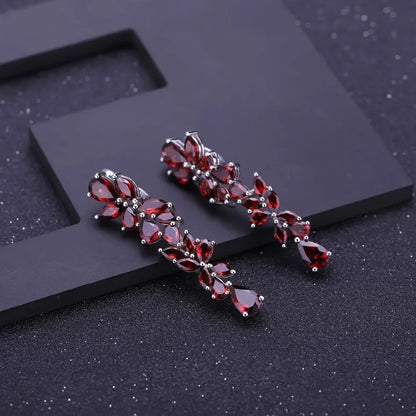 20.35Ct Natural Red Garnet Cascading Leaf Earrings | 925 Sterling Silver