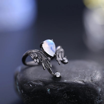Guardian Angel Moonstone Ring | Adjustable Wings | Black 925 Silver