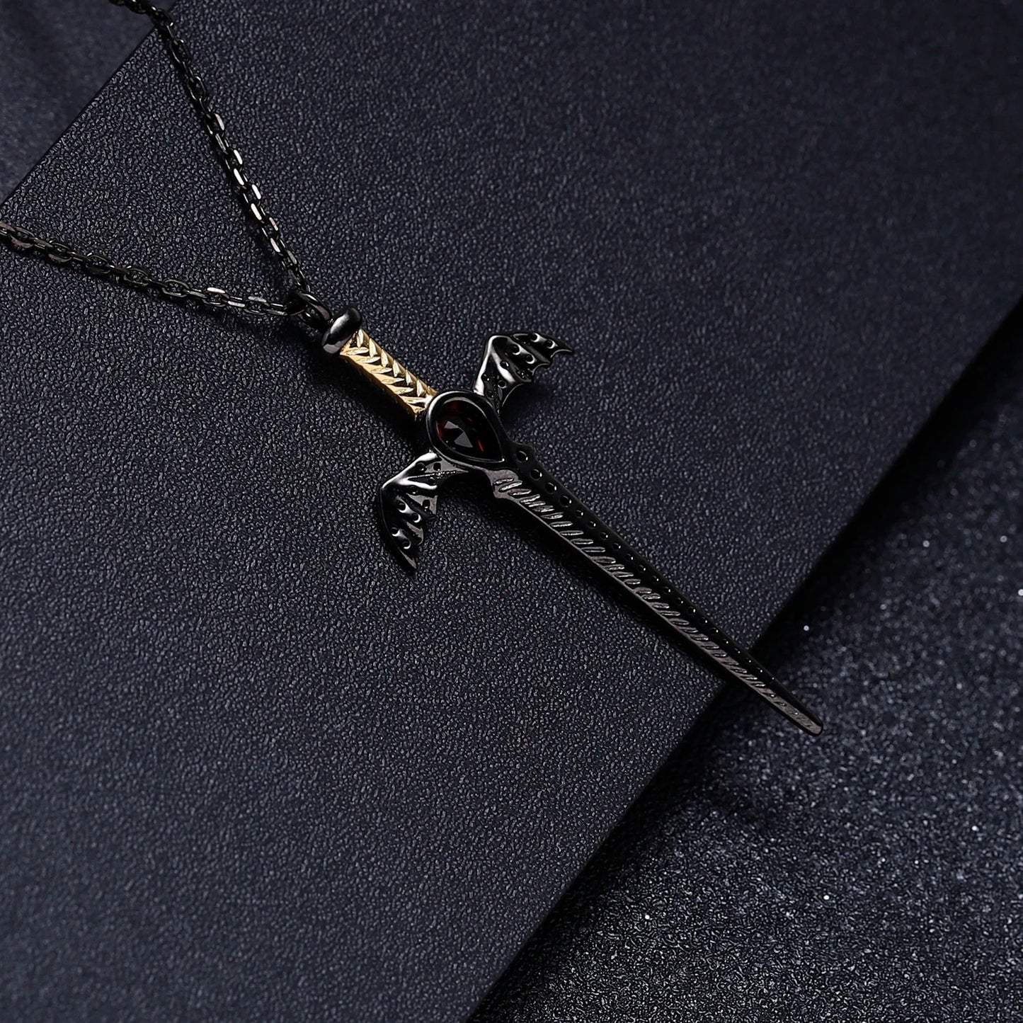 Gothic Bat Wing Sword Pendant with Natural Garnet | 925 Silver | Luxury Gold Palace