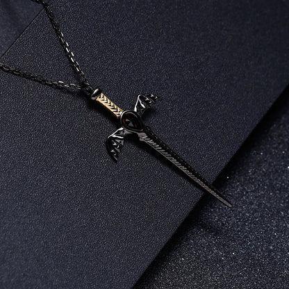 Gothic Bat Wing Sword Pendant with Natural Garnet | 925 Silver | Luxury Gold Palace