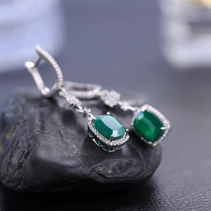 Natural Green Agate Drop Earrings | 7.34Ct Cushion Cut | 925 Silver