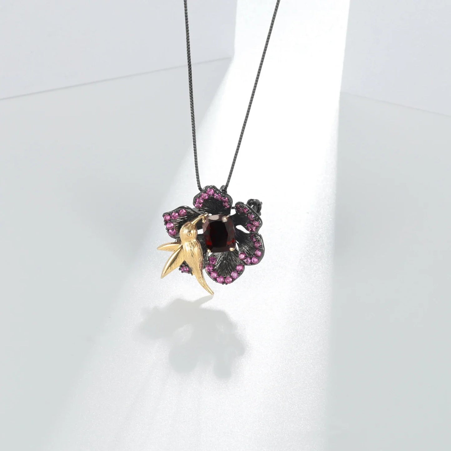 Garnet Bird & Flower Convertible Brooch Pendant | 925 Sterling Silver