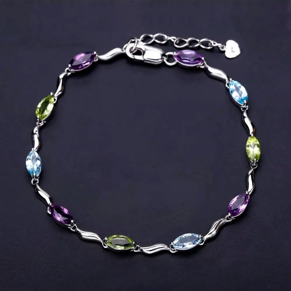 Multi-Gemstone Marquise Link Bracelet | Amethyst, Peridot & Topaz | 925 Silver