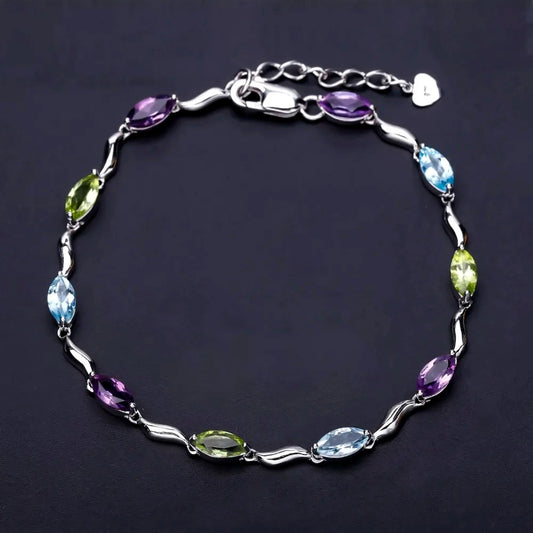 Multi-Gemstone Marquise Link Bracelet | Amethyst, Peridot & Topaz | 925 Silver