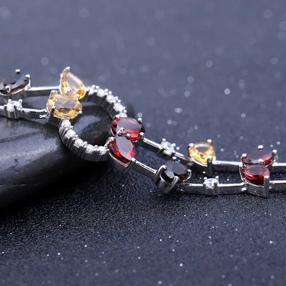 Multicolor Natural Gemstone Link Bracelet | Garnet, Citrine, Smoky Quartz | 925 Silver