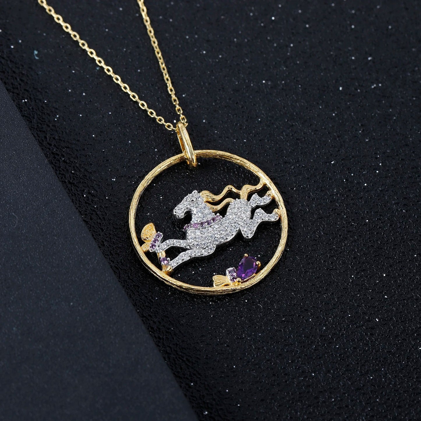 Galloping Horse Amethyst Pendant | Two-Tone 925 Silver | Luxury Gold Palace