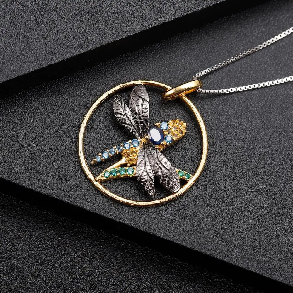 Handmade Blue Sapphire Dragonfly Pendant | Two-Tone 925 Silver