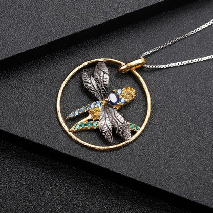 Handmade Blue Sapphire Dragonfly Pendant | Two-Tone 925 Silver