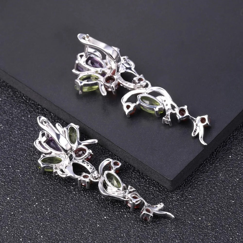 Multi-Gemstone Floral Vine Drop Earrings | Amethyst, Peridot & Garnet | 925 Silver