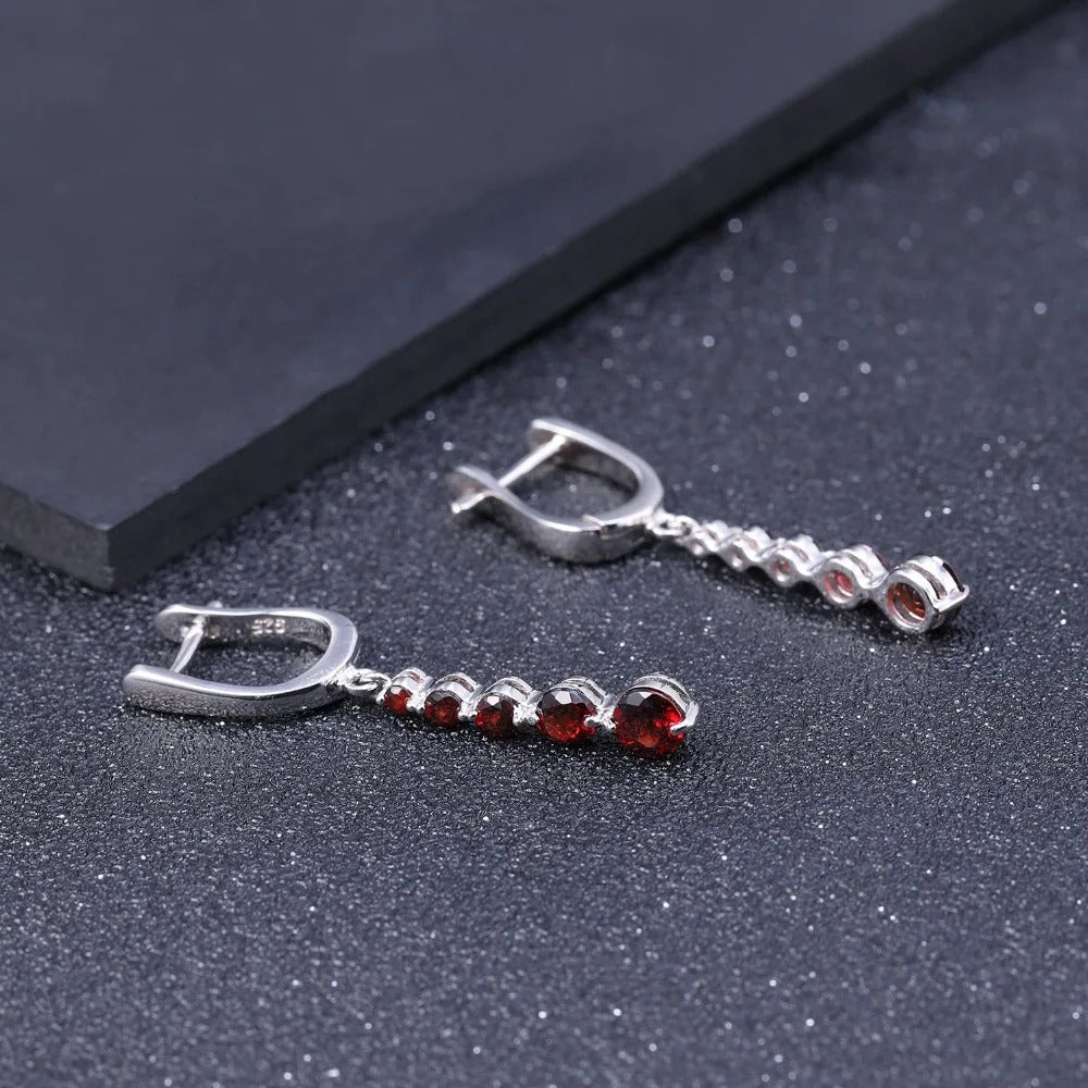 Natural Red Garnet Linear Drop Earrings | 2.67Ct Graduating Cascade | 925 Silver