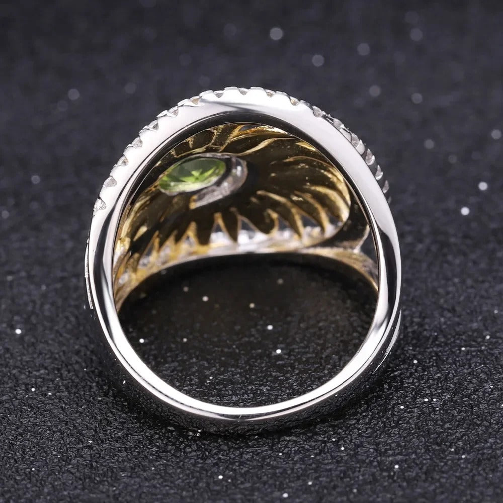 Natural Peridot Sunflower Ring | Handmade Two-Tone 925 Silver