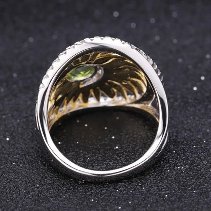 Natural Peridot Sunflower Ring | Handmade Two-Tone 925 Silver