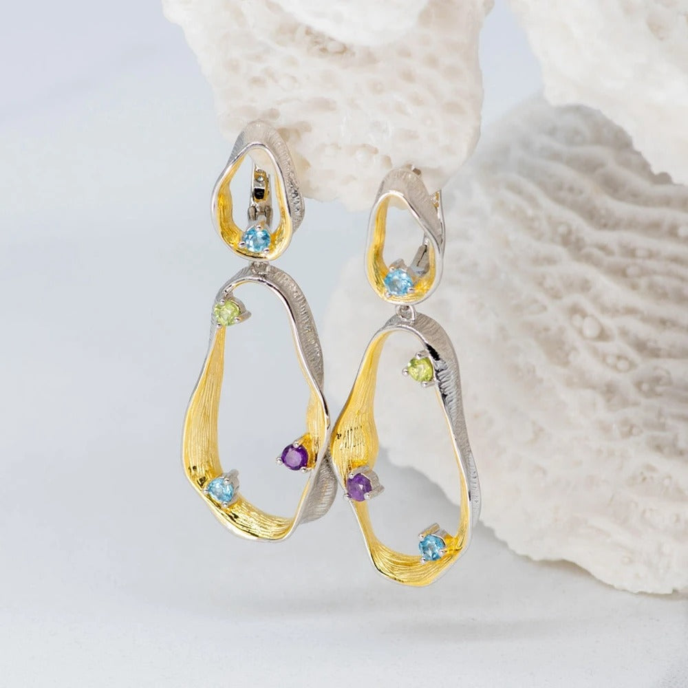 Twisted Abstract Drop Earrings | Amethyst, Peridot & Topaz | Two-Tone Silver
