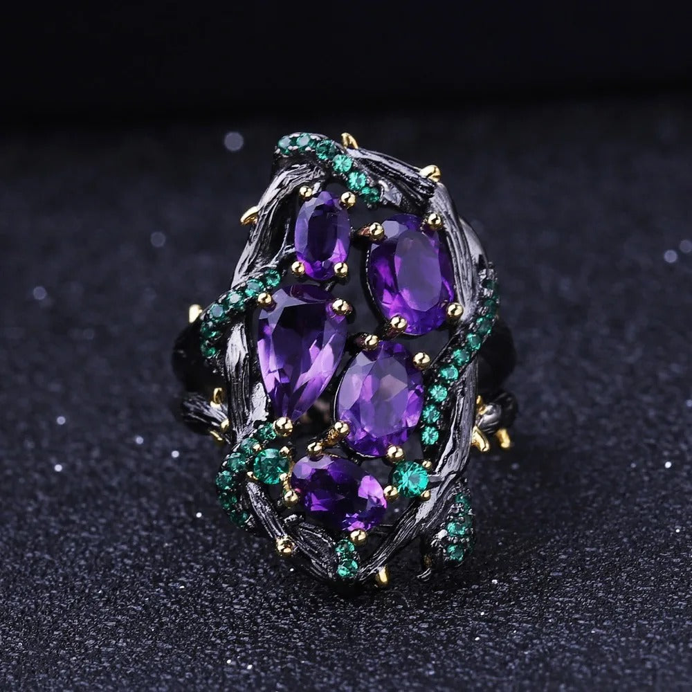 Enchanted Amethyst & Emerald Vine Ring | 3.23Ct 925 Sterling Silver